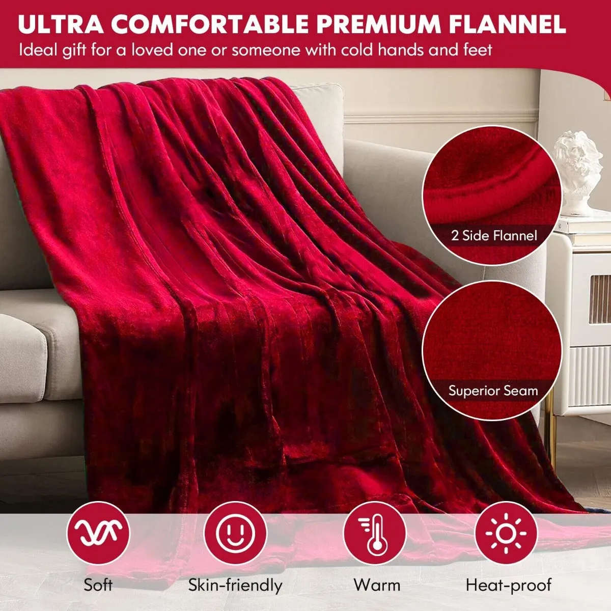 160 x 130 CM Electric Heated Throw Blanket with 10 Heat Settings-Blue