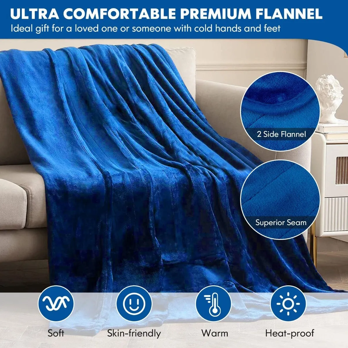 160 x 130 CM Electric Heated Throw Blanket with 10 Heat Settings-Blue