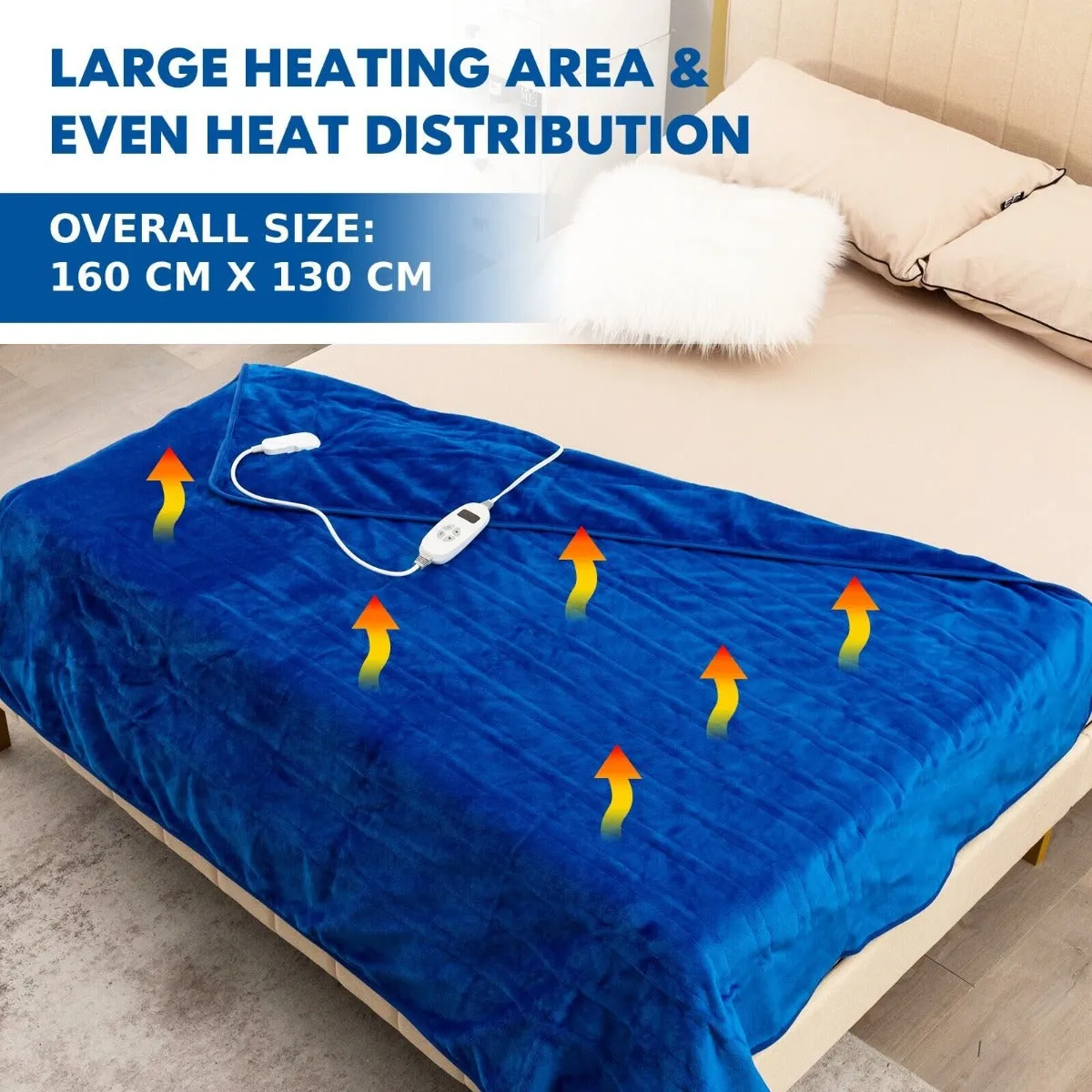 160 x 130 CM Electric Heated Throw Blanket with 10 Heat Settings-Blue