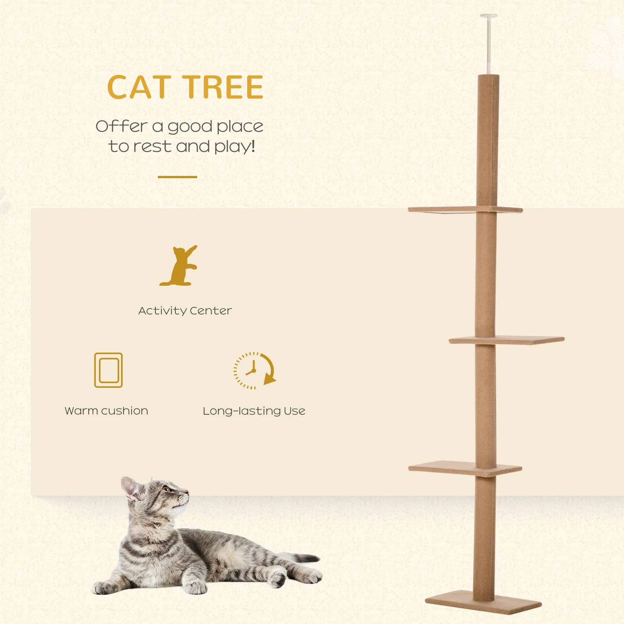 260cm Floor To Ceiling Cat Tree w/ 3 Perches Flannel Upholstery Kitten Pet Rest Sleep Activity Tower Home Furniture Brown