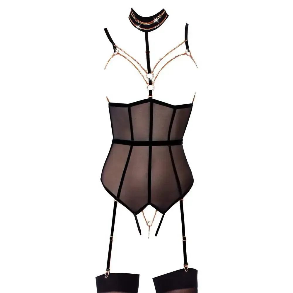 Abierta Fina Sexy Wet Look Opaque Bodysuit with Chains