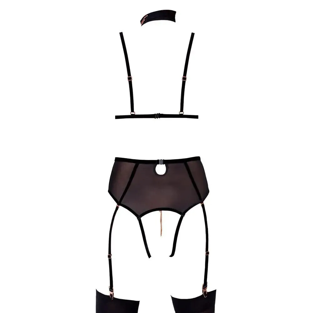 Abierta Fina Sexy Wet Look Opaque Bodysuit with Chains