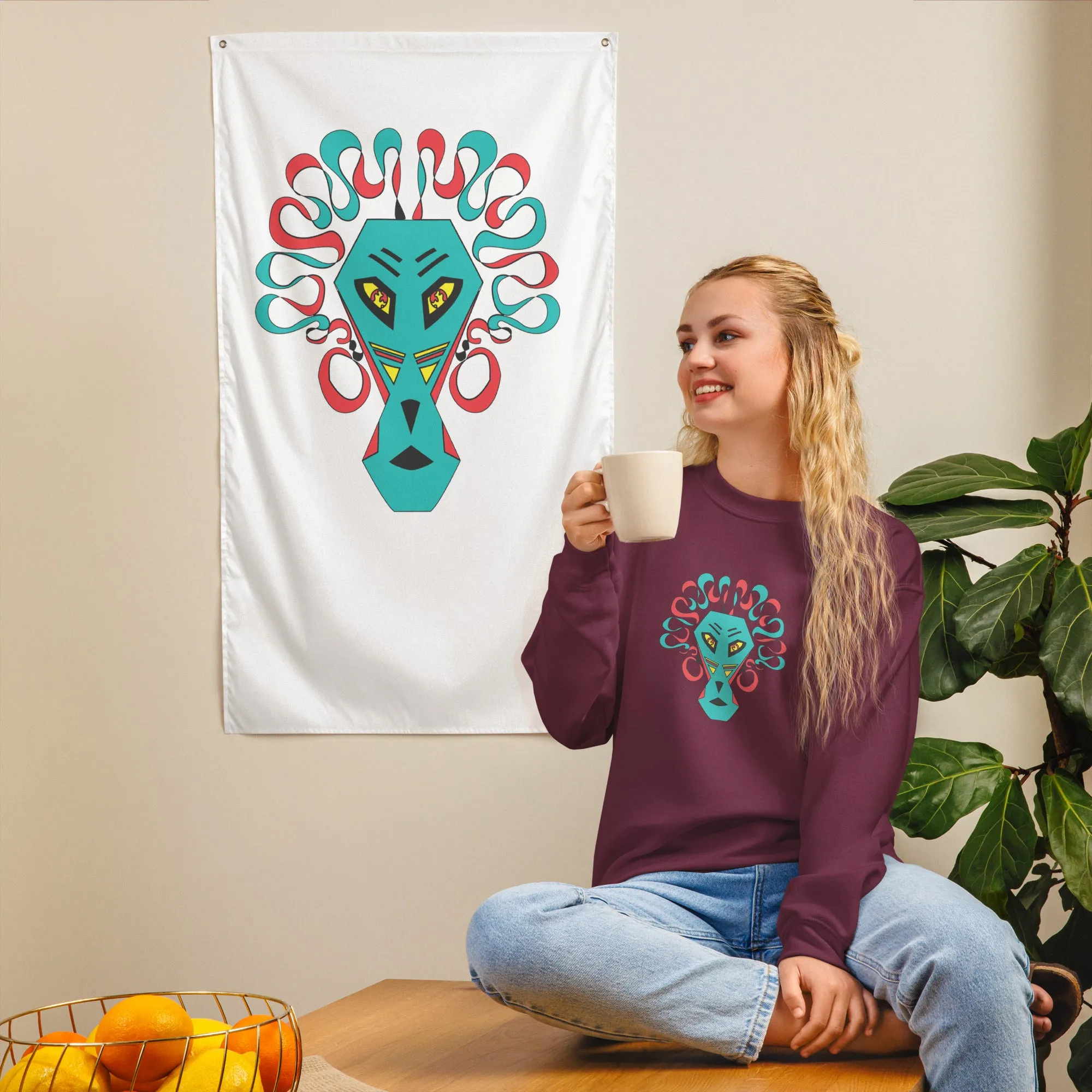 Artsy Print Mask Unisex Sweatshirt, Animal Print Fashion, Streetwear Style, Unique Clothing Trends