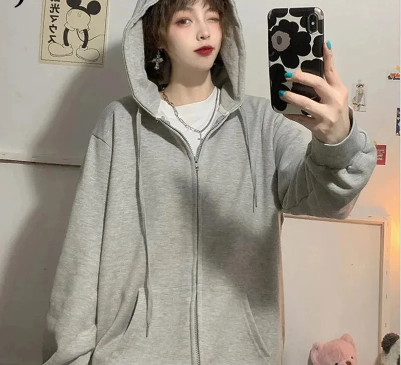 Brick Red Black Gray Hoodies Female Zip-up Tracksuit Autumn Harajuku Cool Street Fashion Women's Sweatshirt M-XXL