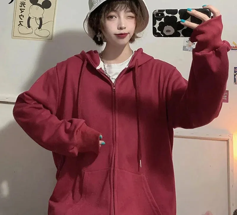 Brick Red Black Gray Hoodies Female Zip-up Tracksuit Autumn Harajuku Cool Street Fashion Women's Sweatshirt M-XXL