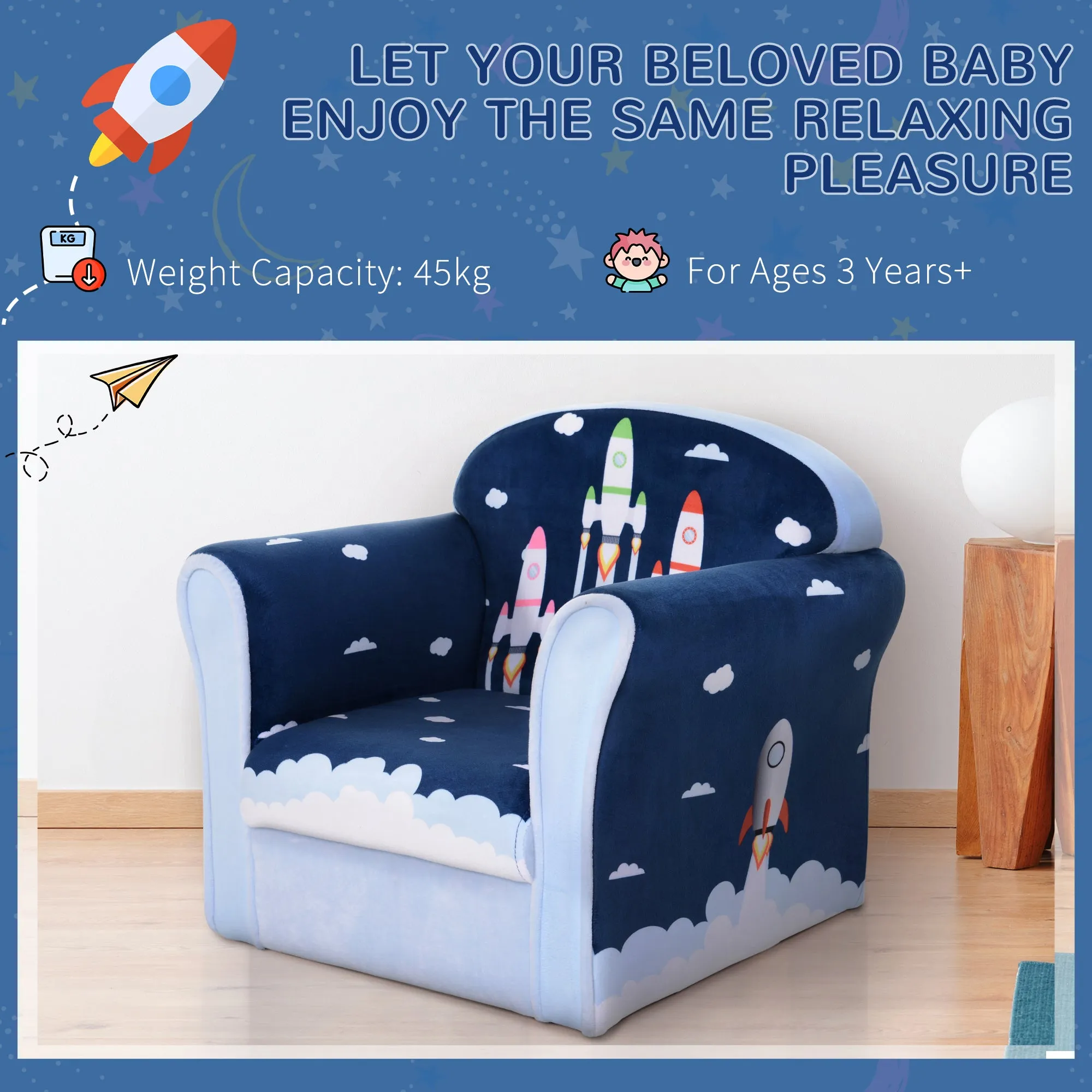 Children Chair Armchair Single Sofa, 50 x 39 x 44cm, for 18M , Blue