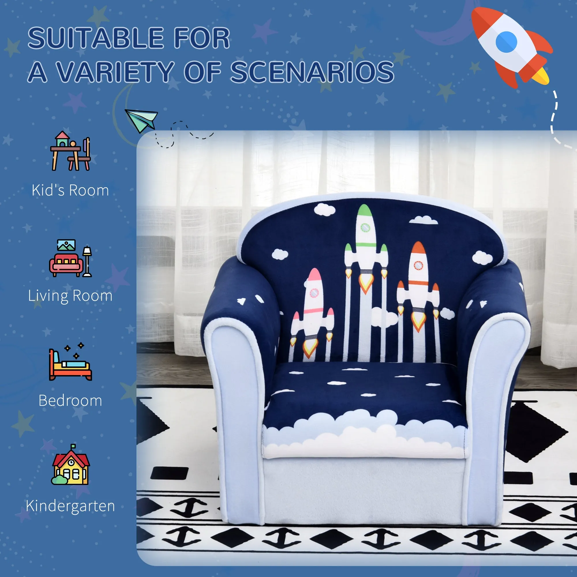 Children Chair Armchair Single Sofa, 50 x 39 x 44cm, for 18M , Blue
