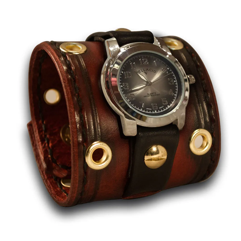 Crimson Stressed Cuff Watch with Stitching, Eyelets & Snaps