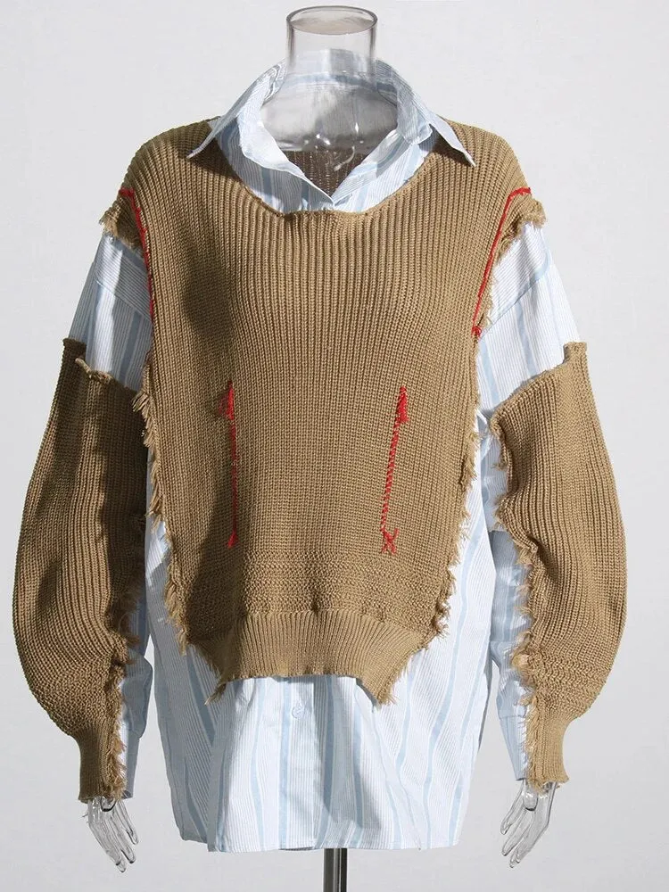 Hit Color Pullover Knitting Sweaters Lapel Long Sleeves Loose Temperament Sweater Female Fashion Clothing