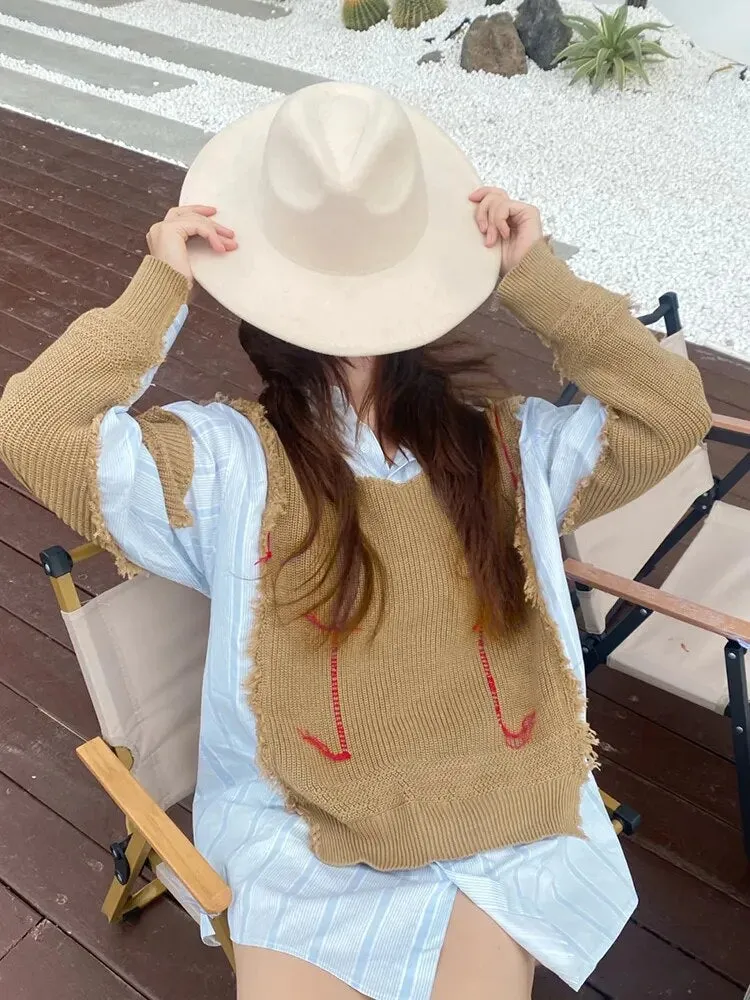 Hit Color Pullover Knitting Sweaters Lapel Long Sleeves Loose Temperament Sweater Female Fashion Clothing