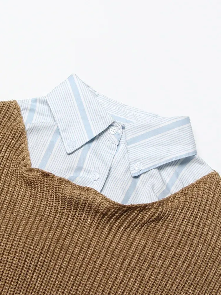 Hit Color Pullover Knitting Sweaters Lapel Long Sleeves Loose Temperament Sweater Female Fashion Clothing