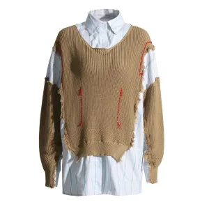 Hit Color Pullover Knitting Sweaters Lapel Long Sleeves Loose Temperament Sweater Female Fashion Clothing