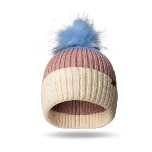 Kids Knit Pom Pom Winter Hat - Blue/Rose/Cream