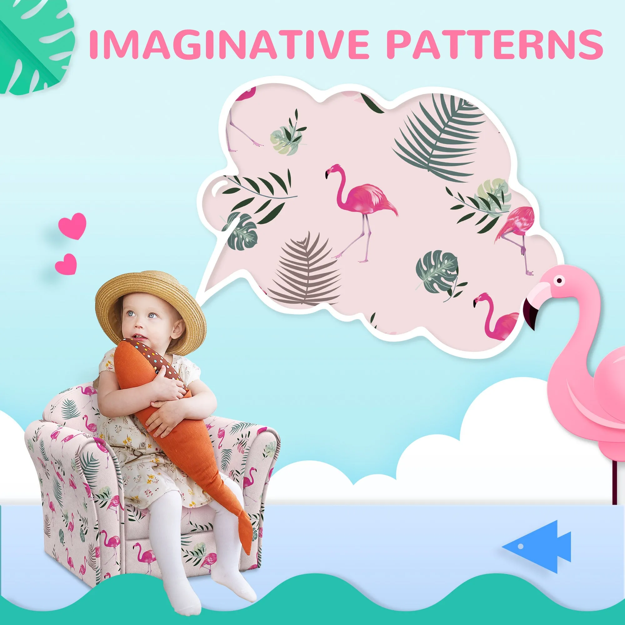 Kids Sofa Chair with Flamingo Design for Bedroom, Playroom, Pink