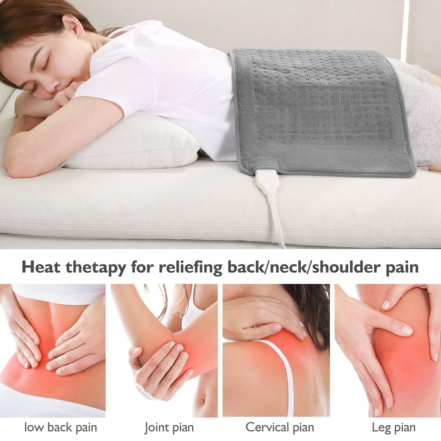 Large 12" x 24" Size Heating Pad with 3 Heat Settings and 2 Hour Auto shut off, Iron Grey