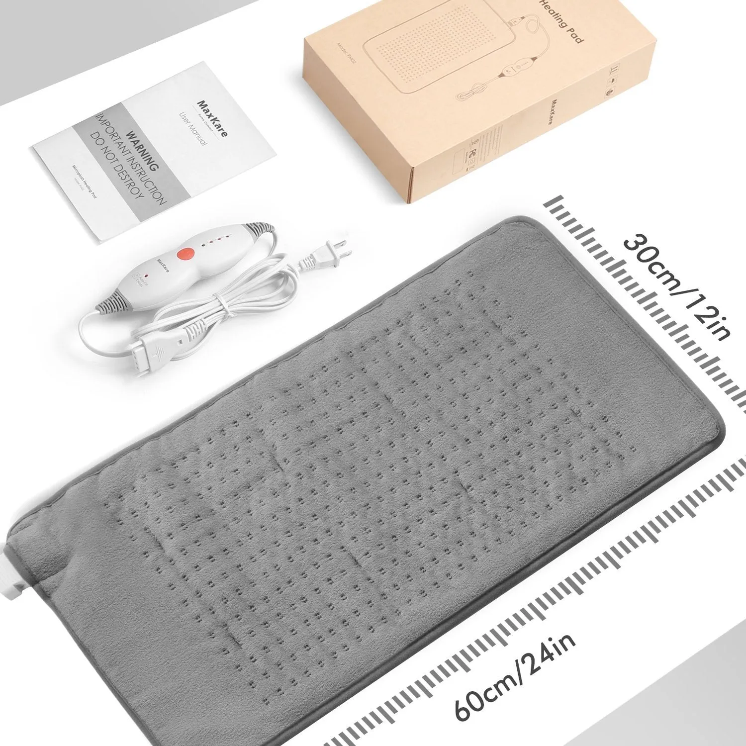 Large 12" x 24" Size Heating Pad with 3 Heat Settings and 2 Hour Auto shut off, Iron Grey