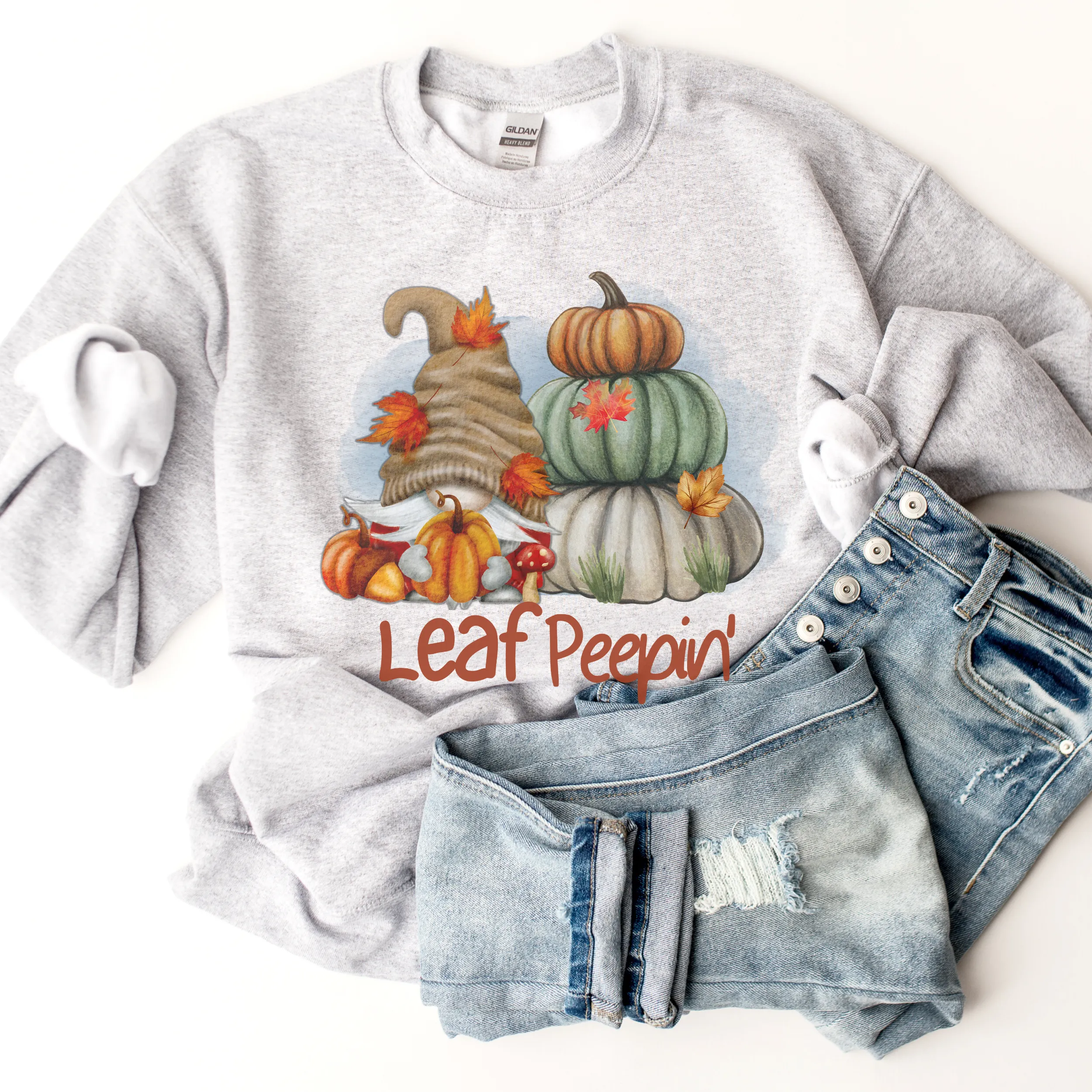 Leaf Peepin' Fall Crewneck Sweatshirt Cute Warm and Cozy Gildan® Pullover Watercolor Gnome and Pumpkins