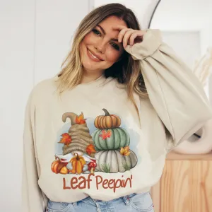 Leaf Peepin' Fall Crewneck Sweatshirt Cute Warm and Cozy Gildan® Pullover Watercolor Gnome and Pumpkins