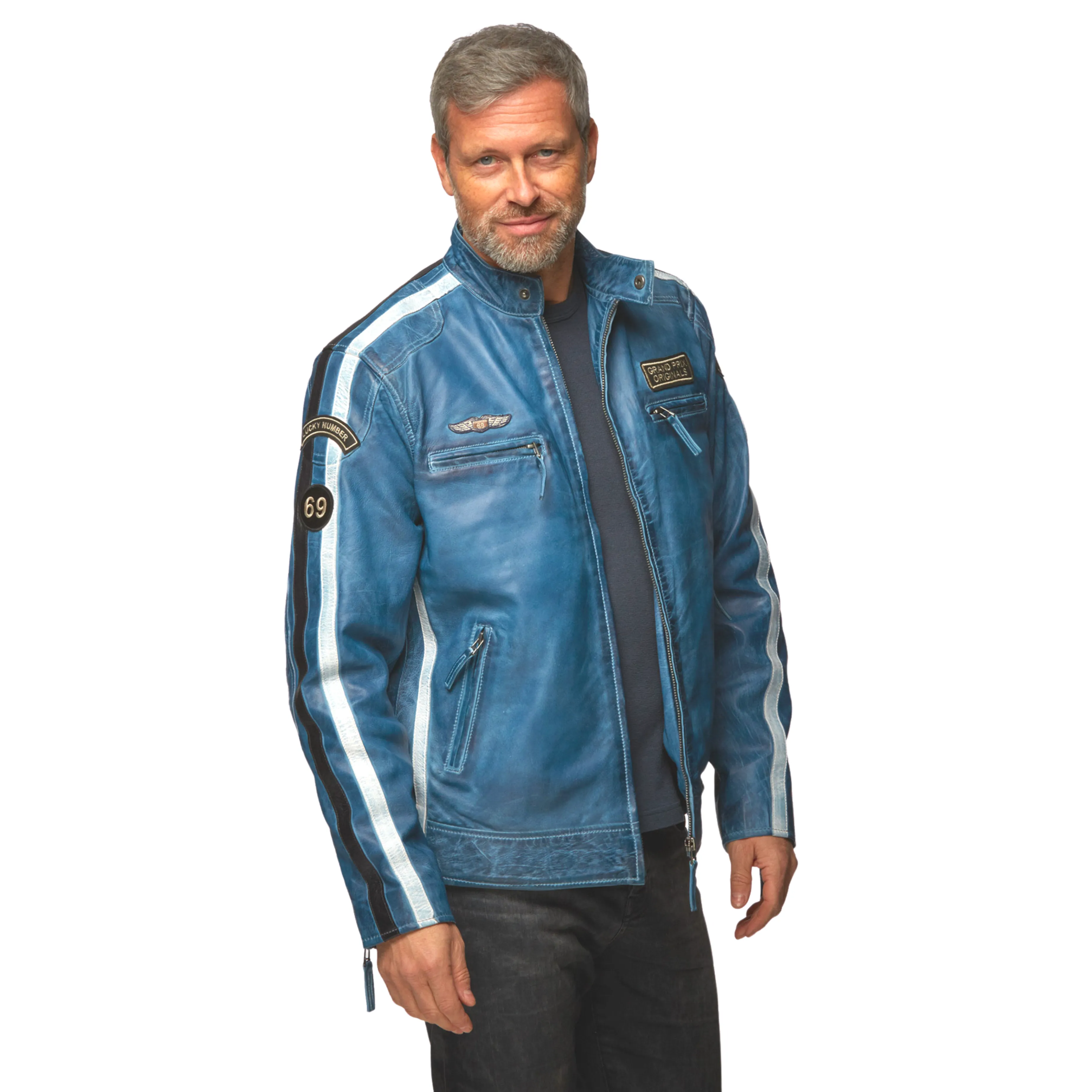 Men's Lambskin Leather Racing Jacket in Challenge Blue **SOLD OUT**