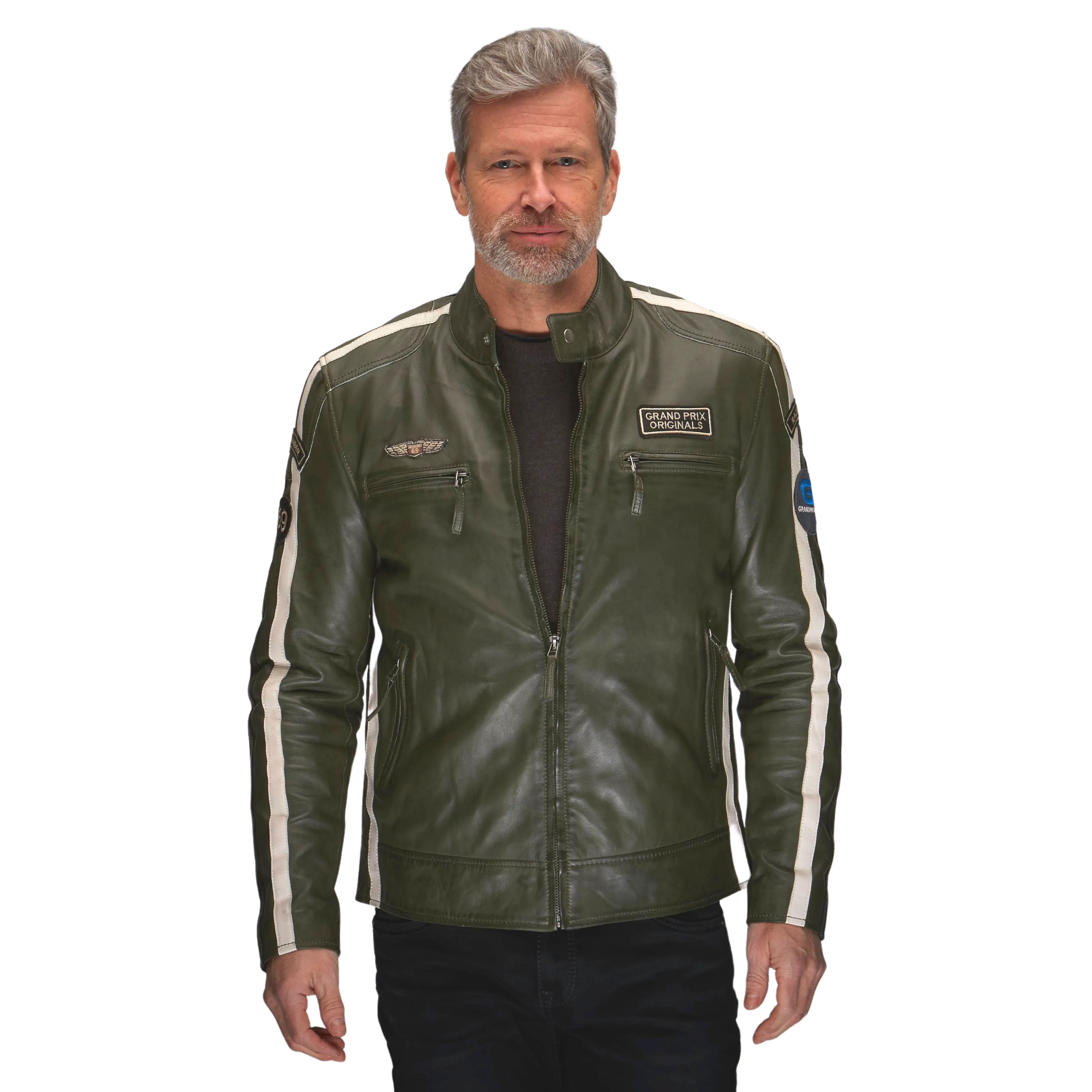 Men's Lambskin Leather Racing Jacket in GP Olive