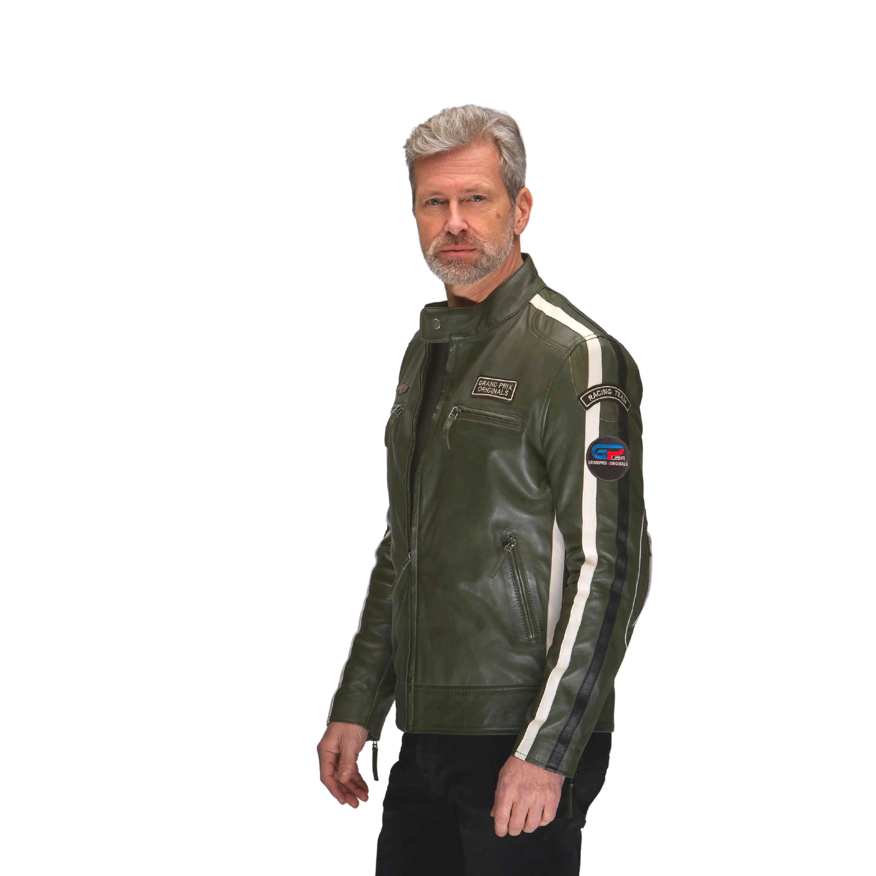 Men's Lambskin Leather Racing Jacket in GP Olive
