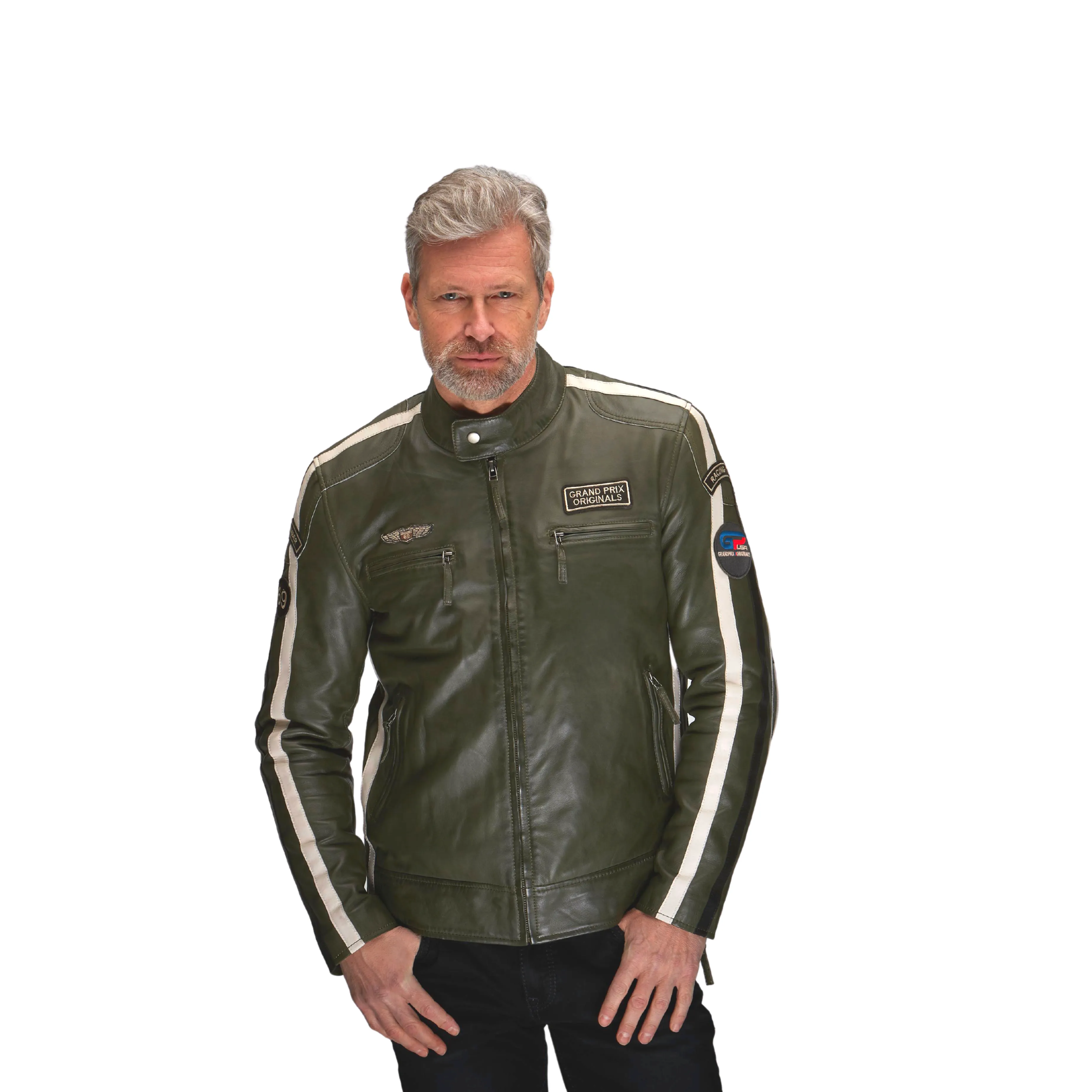 Men's Lambskin Leather Racing Jacket in GP Olive