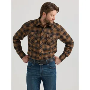 Men's Wrangler Retro® Long Sleeve Flannel Western Snap Plaid Shirt in Brown Plaid