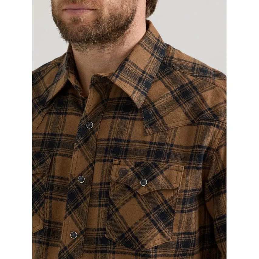 Men's Wrangler Retro® Long Sleeve Flannel Western Snap Plaid Shirt in Brown Plaid
