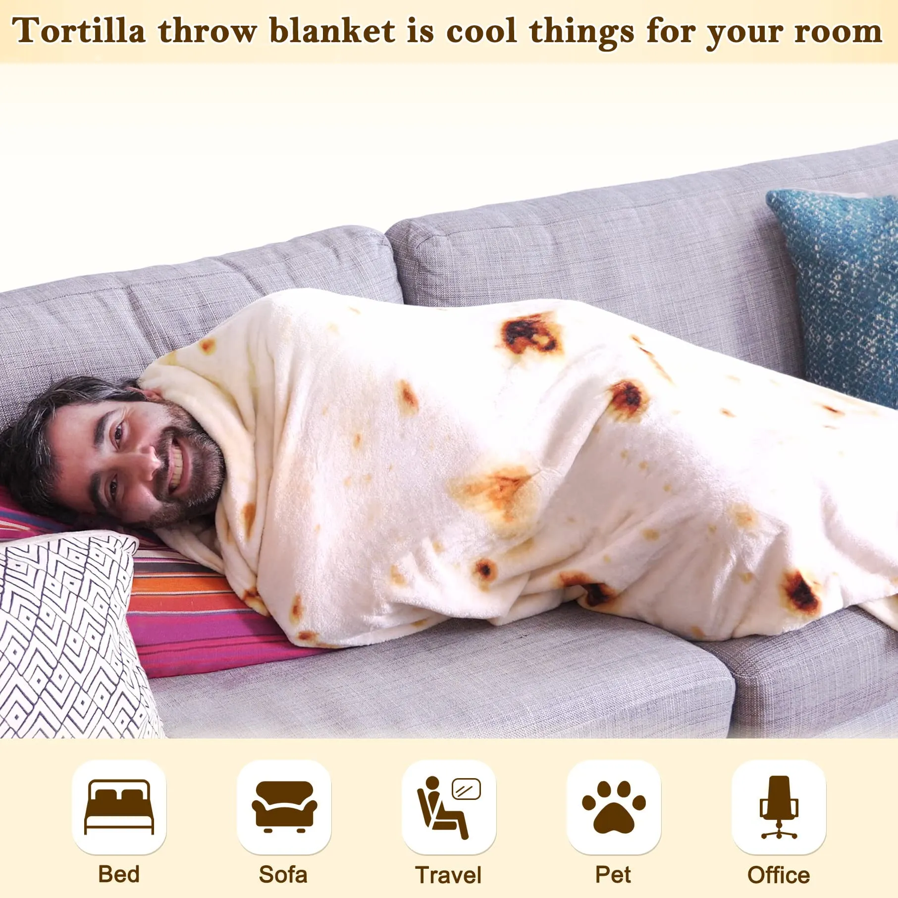 mermaker Burritos Blanket 2.0 Double Sided for Adult and Kids, Novelty Tortilla Throw Blanket Adult 71 inches, Realistic Soft Flannel Taco Blanket (Yellow Blanket-4)