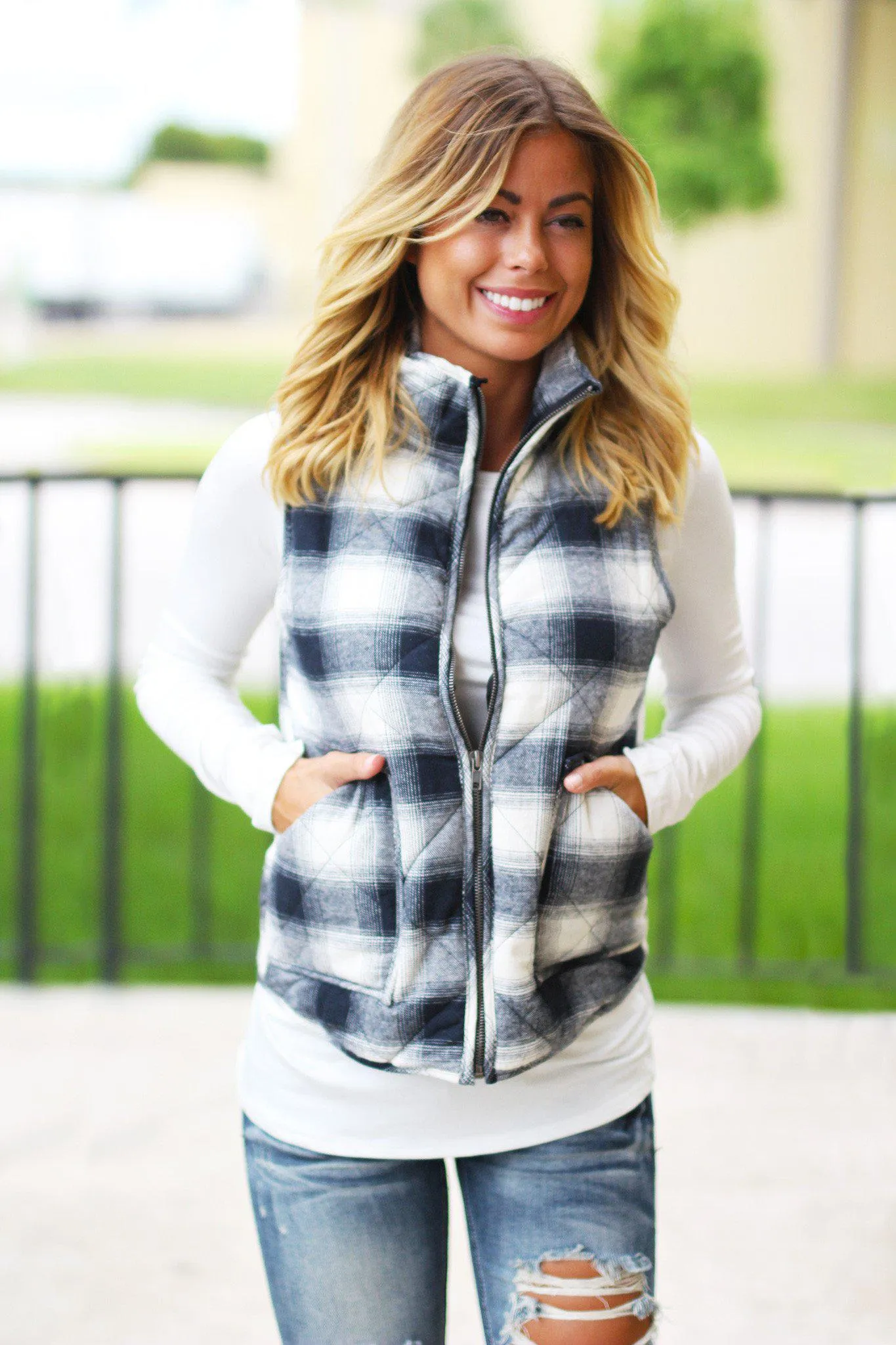 Navy and Ivory Flannel Vest With Pockets