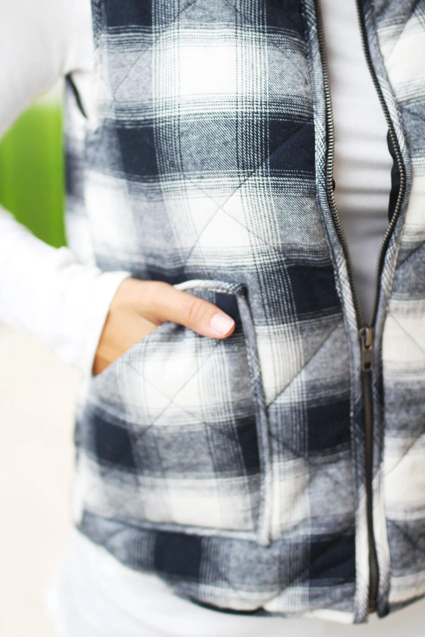 Navy and Ivory Flannel Vest With Pockets