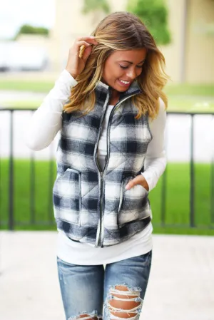 Navy and Ivory Flannel Vest With Pockets