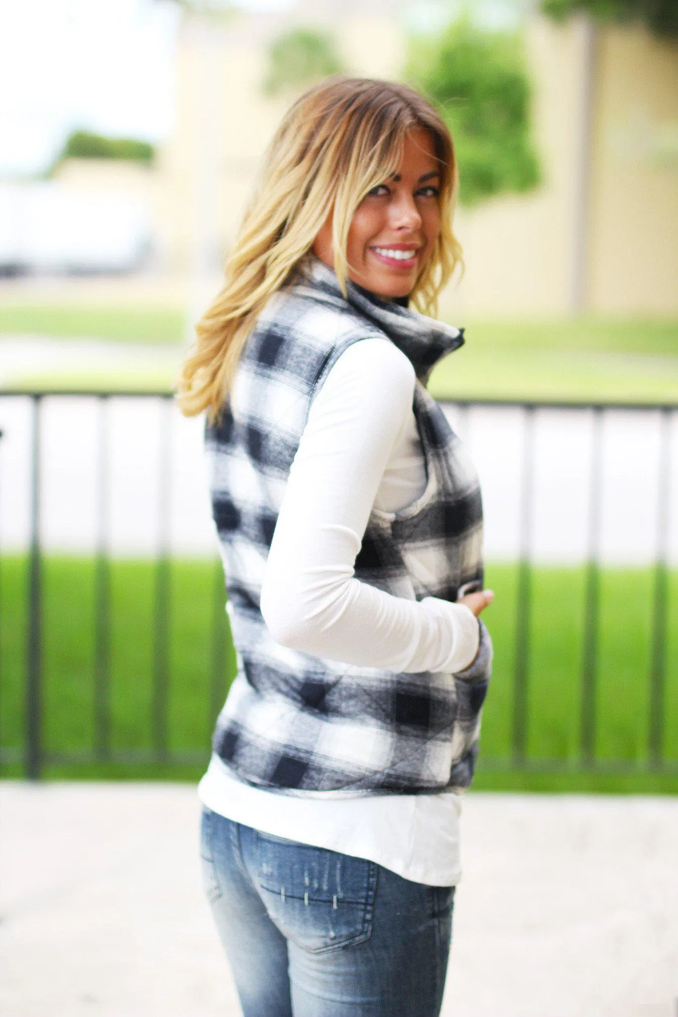 Navy and Ivory Flannel Vest With Pockets