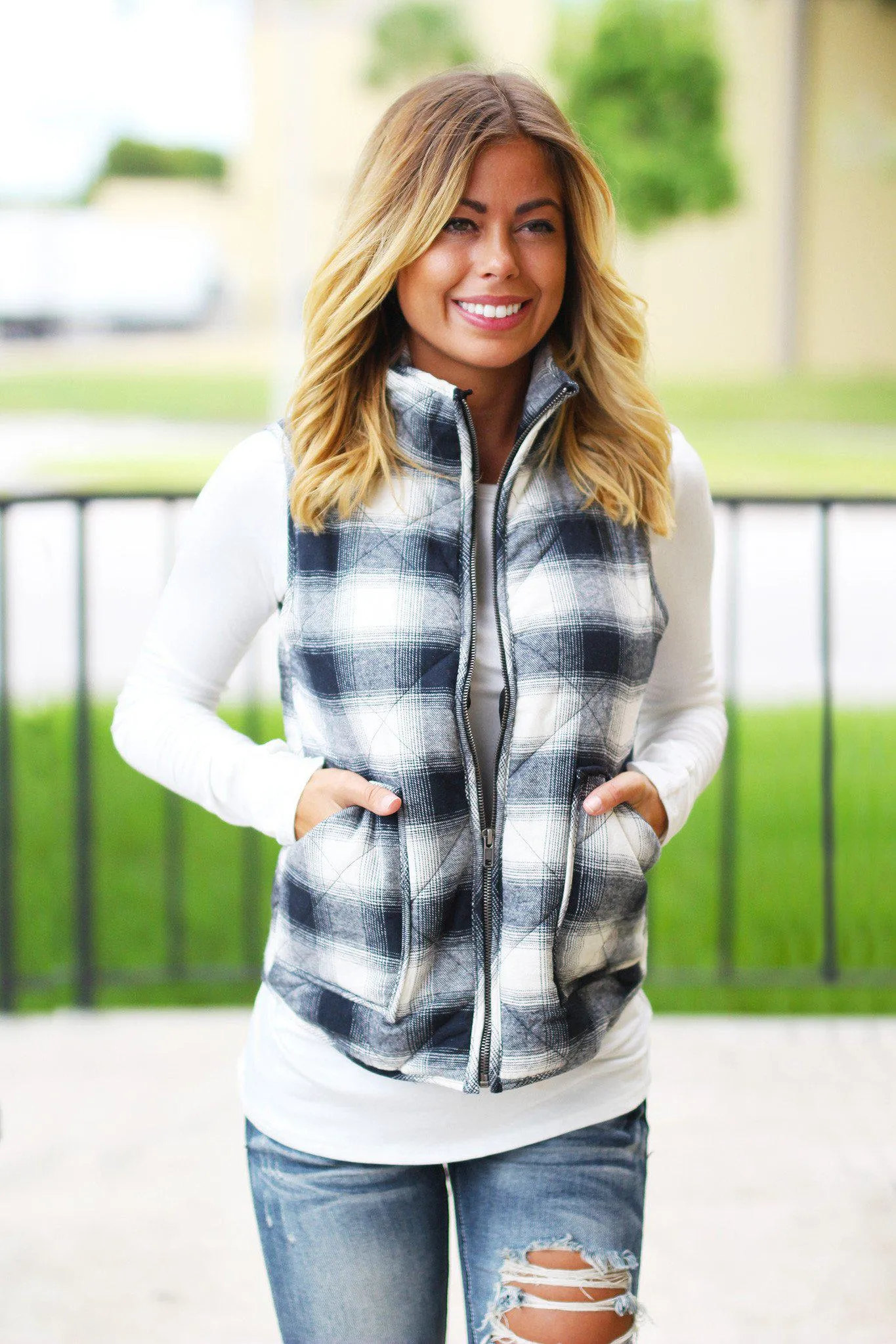 Navy and Ivory Flannel Vest With Pockets