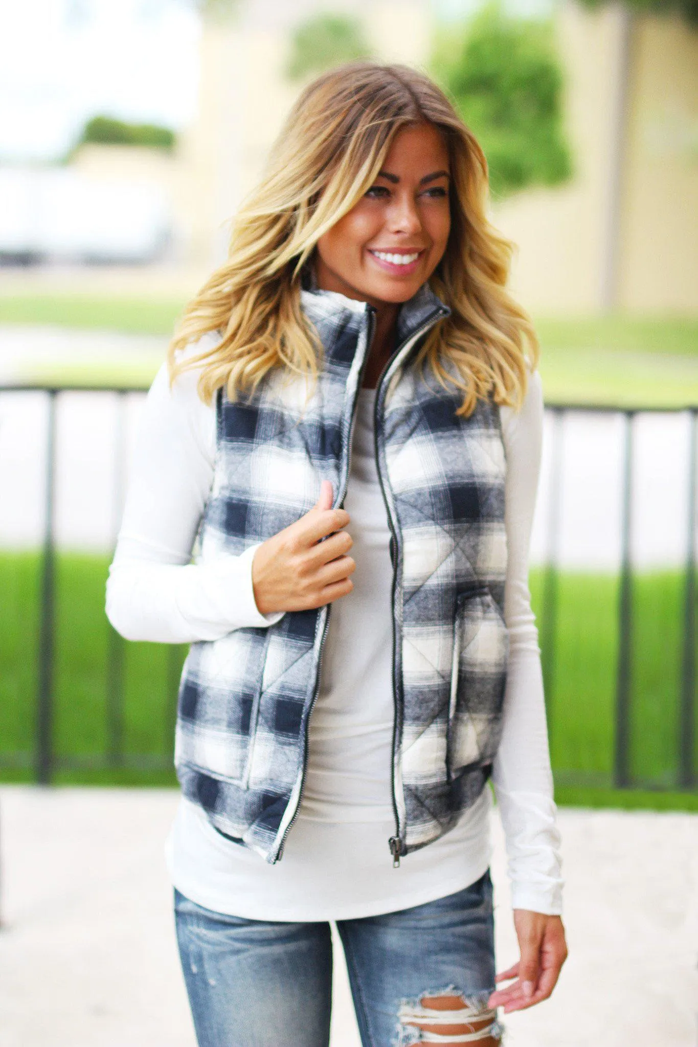 Navy and Ivory Flannel Vest With Pockets