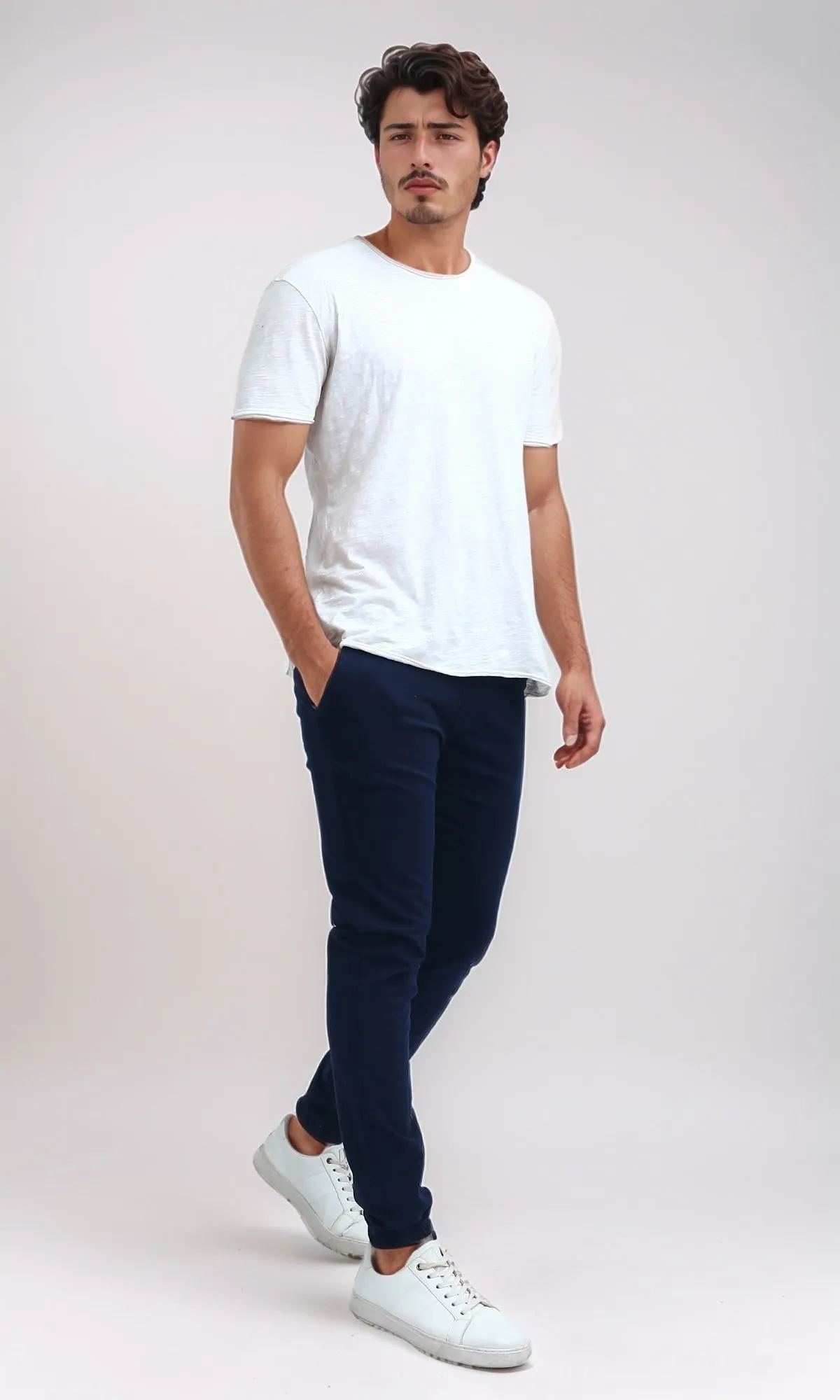O201042 - Elastic Waist Cargo Pants with Drawstring - Navy Blue