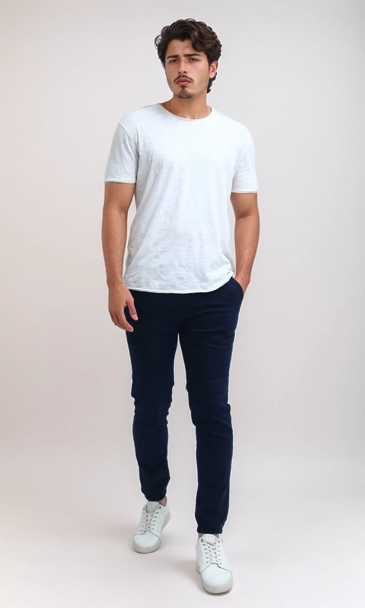 O201042 - Elastic Waist Cargo Pants with Drawstring - Navy Blue