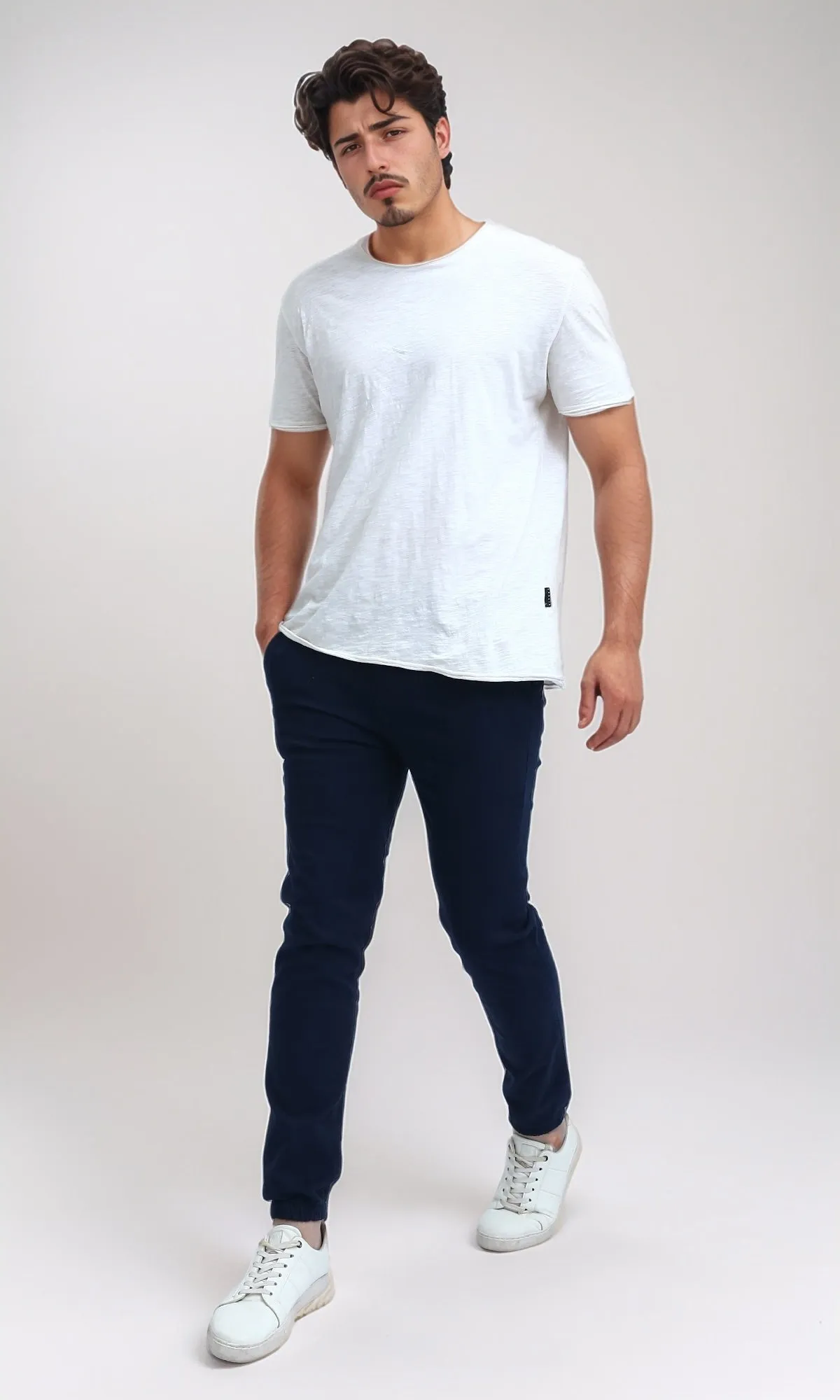 O201042 - Elastic Waist Cargo Pants with Drawstring - Navy Blue