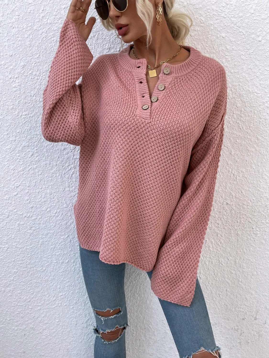 Quarter-Button Slit Sweater