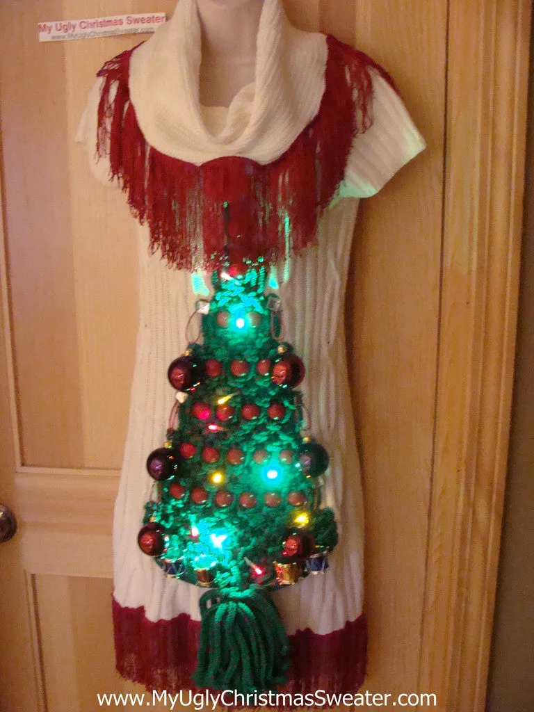 Ugly Christmas Sweater Party Tacky Dress with Lights and Macrame Tree (d58)