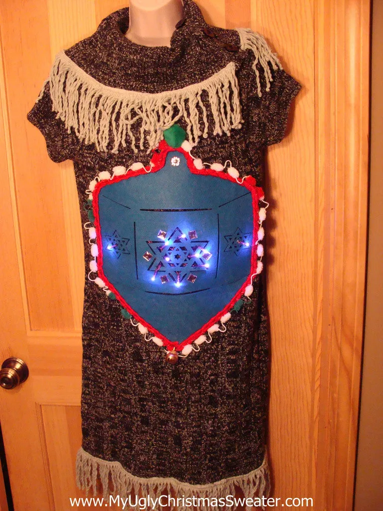 Ugly Christmas Sweater Party Tacky Hanukkah Dress with Lights and Dreidel (d14)
