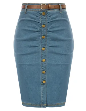 Vintage Jean Skirt with Belt High Waist Ruched Front Bodycon Skirt