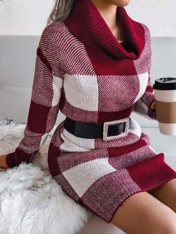 Women's Casual Plaid High Collar Wool Knitted Dress