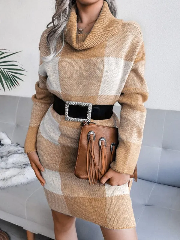 Women's Casual Plaid High Collar Wool Knitted Dress