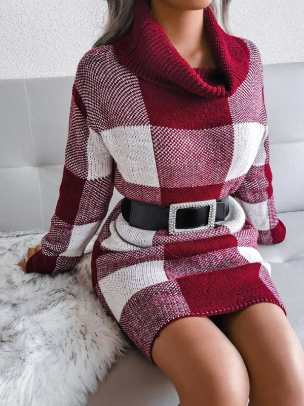 Women's Casual Plaid High Collar Wool Knitted Dress