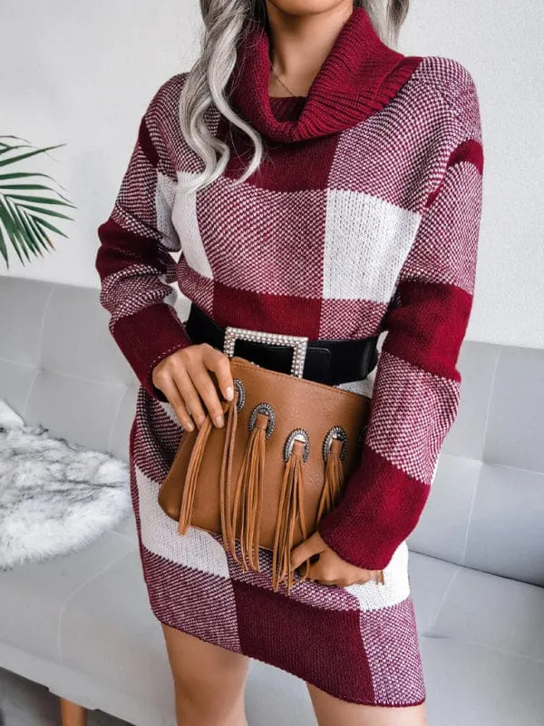 Women's Casual Plaid High Collar Wool Knitted Dress