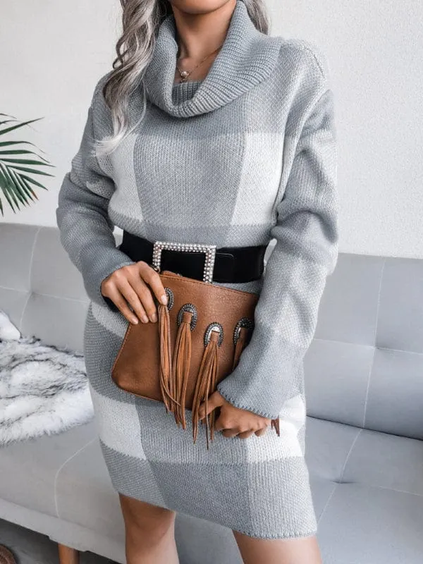 Women's Casual Plaid High Collar Wool Knitted Dress