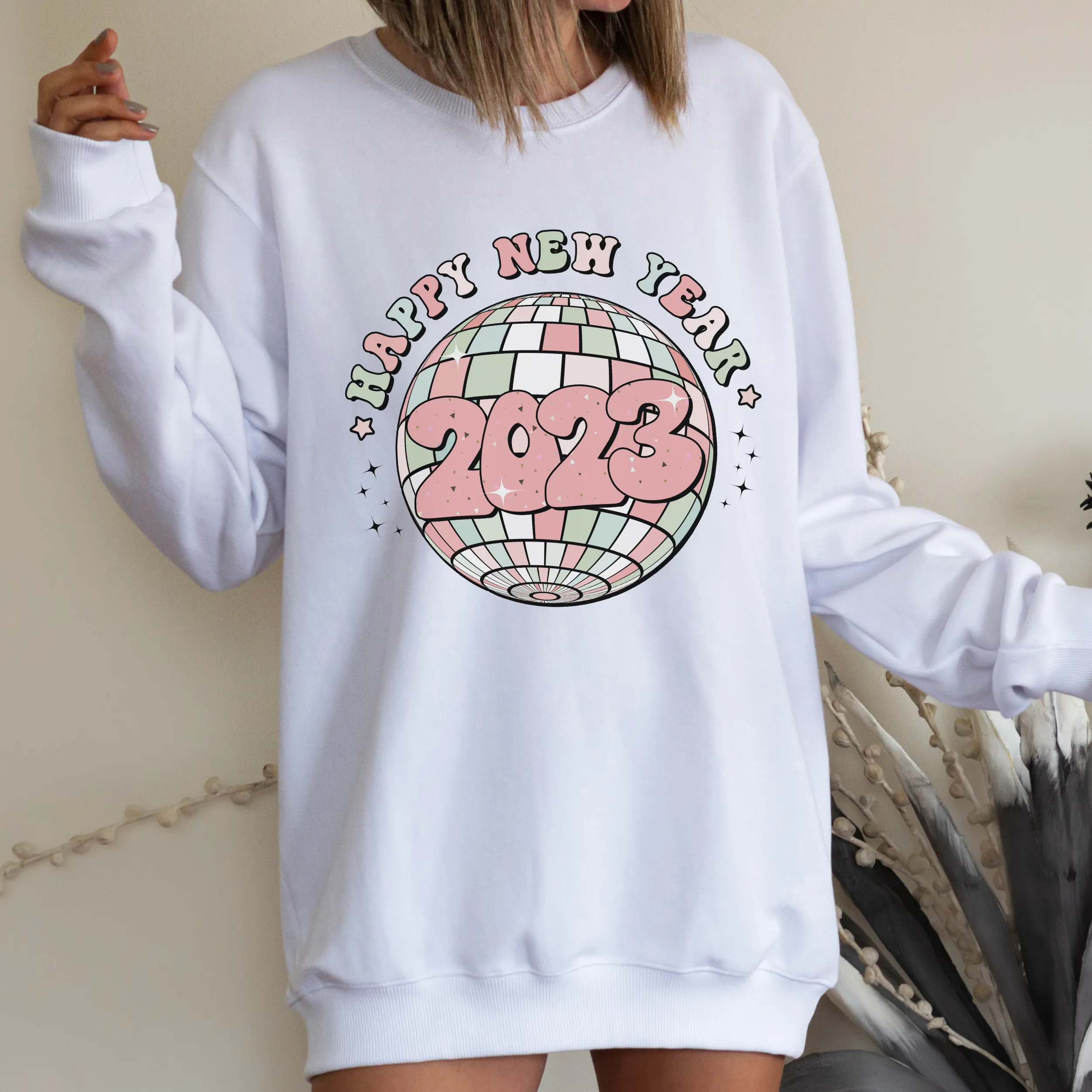 Women's Cute Happy New Year Retro Ball Cozy Crewneck Sweatshirt in Ash or White Christmas or New Year's Gift for Her Soft Pullover